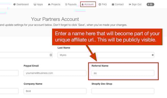 Create Bold Affiliate Referral Name